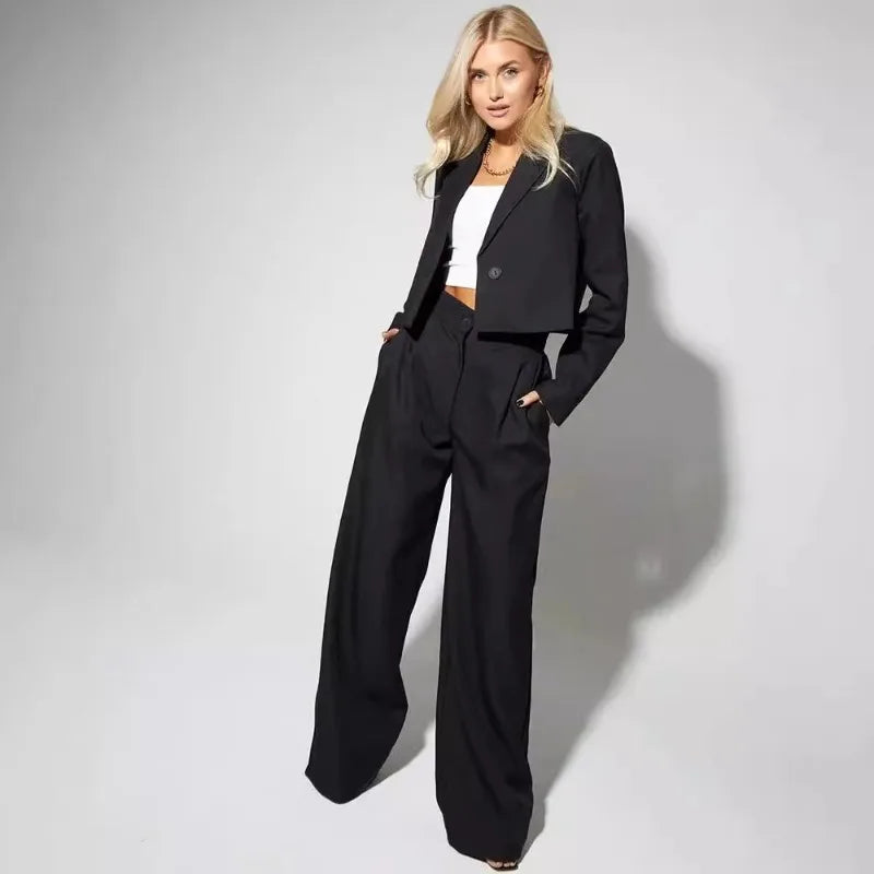 Casual Lapel Long Sleeve Short Blazer Jacket + High Waist Wide Leg Pants Two Piece Set
