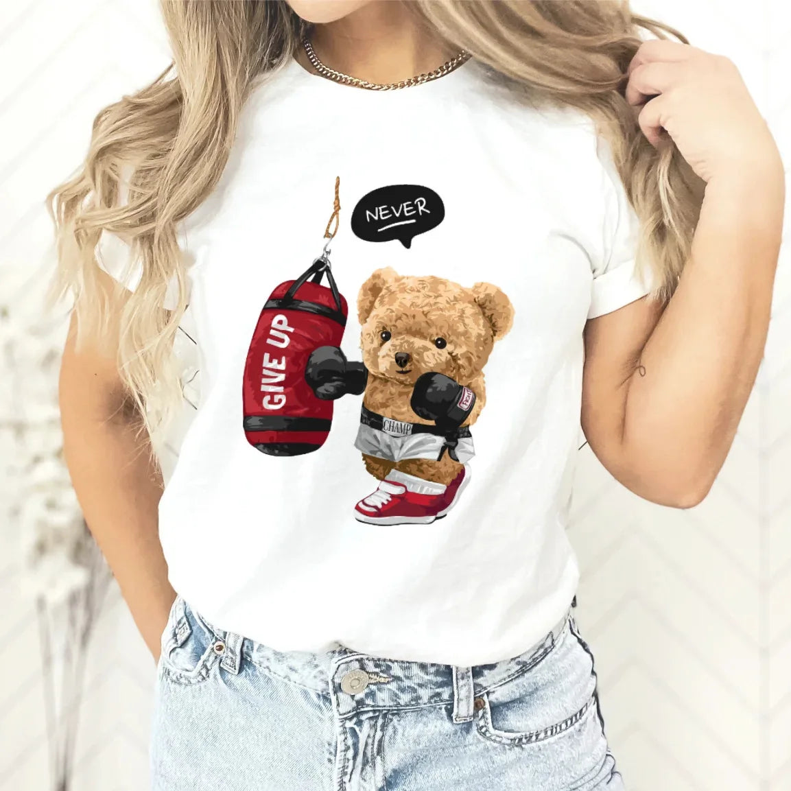 New Couple Teddy Bear Print T-shirt Europe and The United States Fashion Crew-neck Top Woman Tops Oversized T Shirt  Harajuku