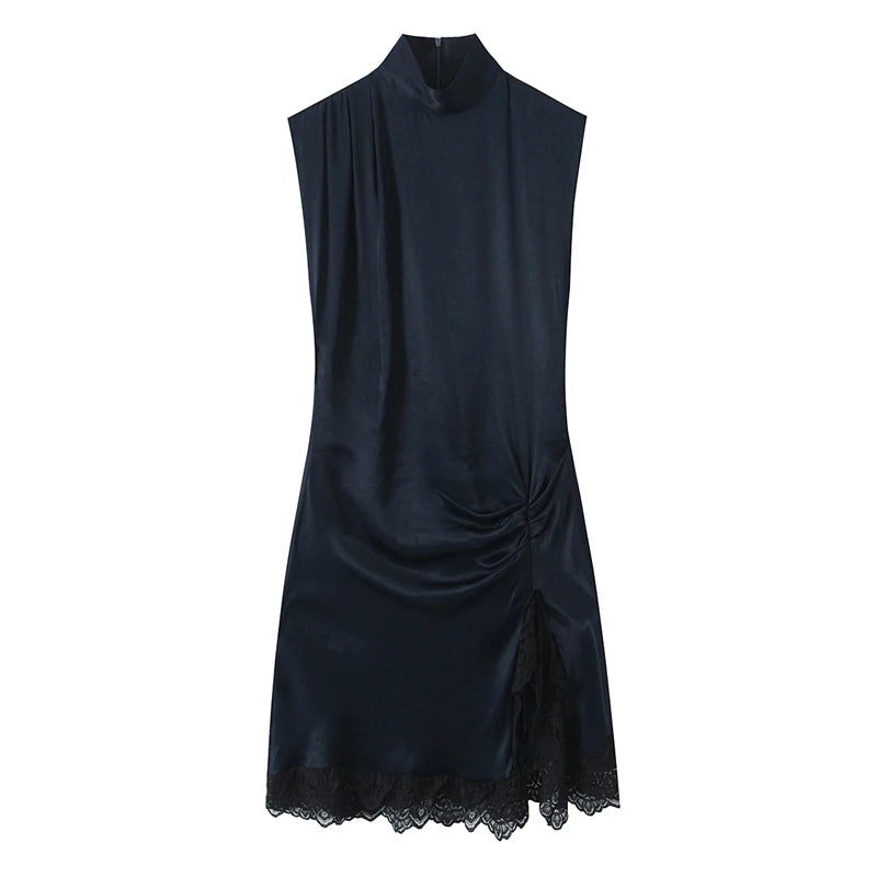 High-Street Chic Women's Lace Patchwork Silk-Satin Feel Mini Dress – 2025 Autumn/Winter New Collection