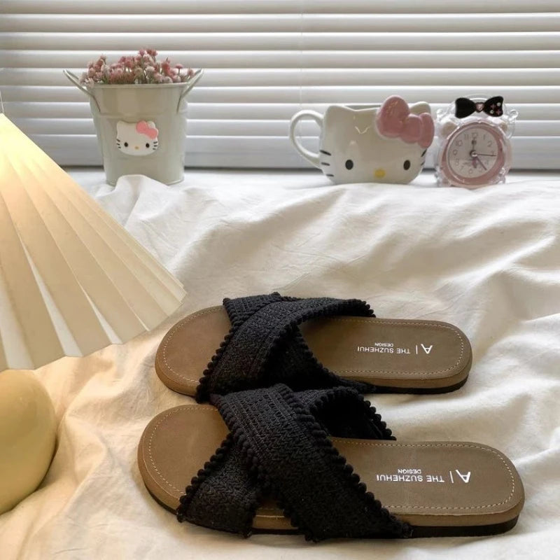 2026 New Arrival Women's Woven Cross Strap Slides – Casual Flat Sandals for Daily Street Style, Comfortable Footwear for Summer