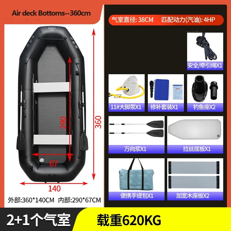 1.75~3.6m Black PVC  Inflatable Boat Set Air Deck Bottom Punch Boat Raft Fishing Rubber Dinghy Inflatable Clip Net Fishing Kayak