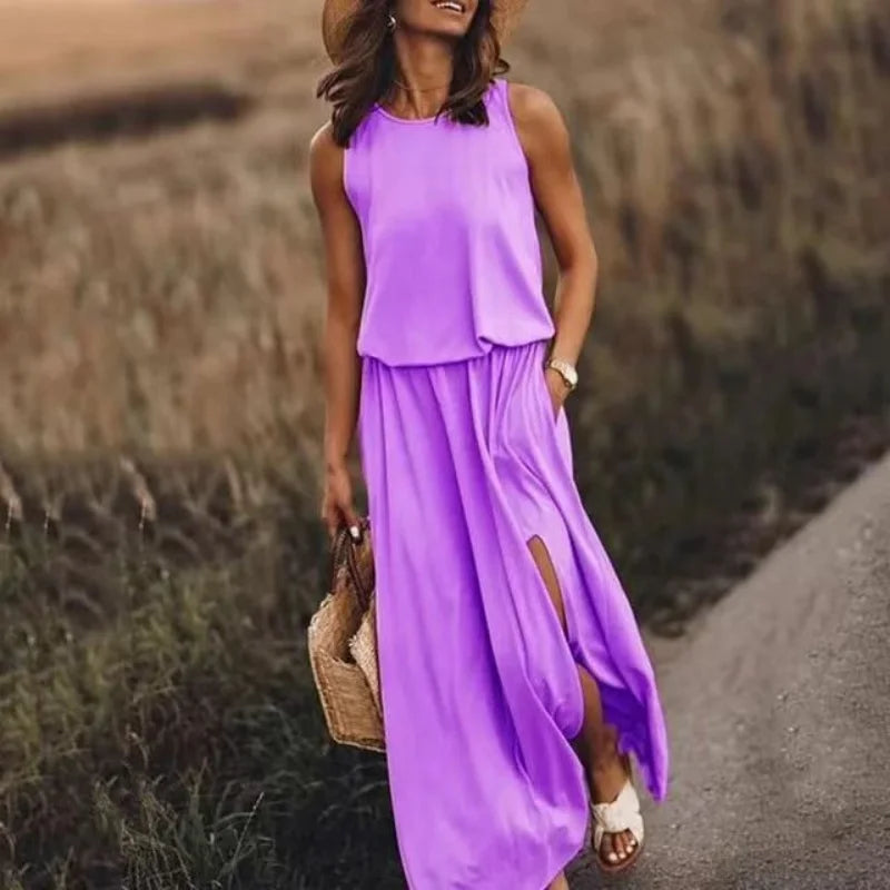 Women's Summer Sleeveless Maxi Dresses 2026 New Arrival Solid Color Casual Long Dress with Side Slit Dress for Ladies ﻿
