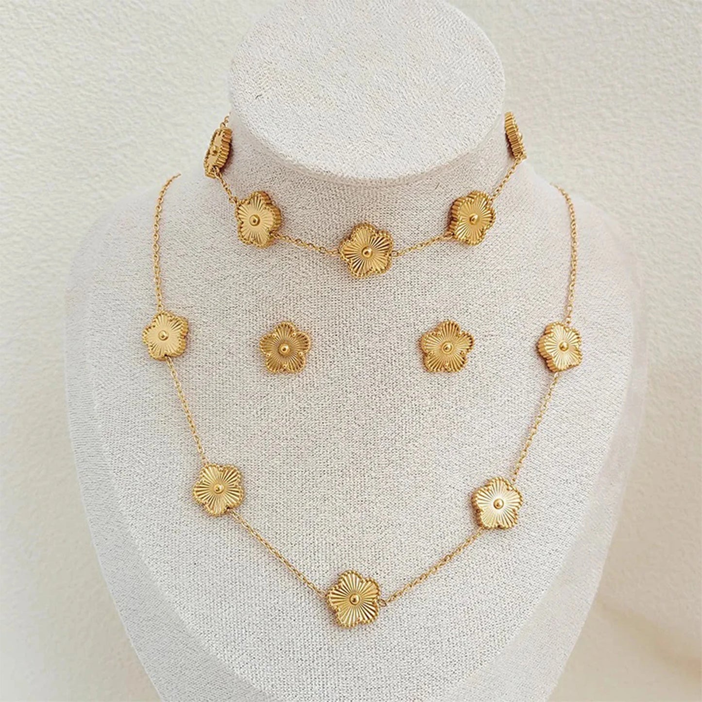 Bracelet Earrings 18K Gold Plated Jewelry Set For Women Girl Gift Clover