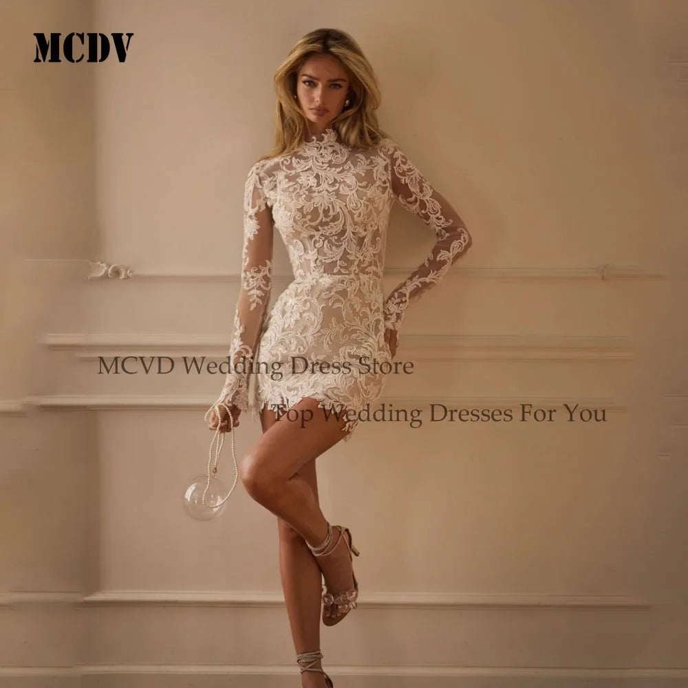 MCDV Civil Lace Wedding Dress Full Sleeves High Neck Mini Bride Party Gown Above Knee Customized reception dresses for weddings