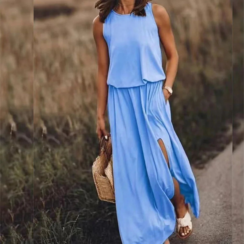 Women's Summer Sleeveless Maxi Dresses 2026 New Arrival Solid Color Casual Long Dress with Side Slit Dress for Ladies ﻿