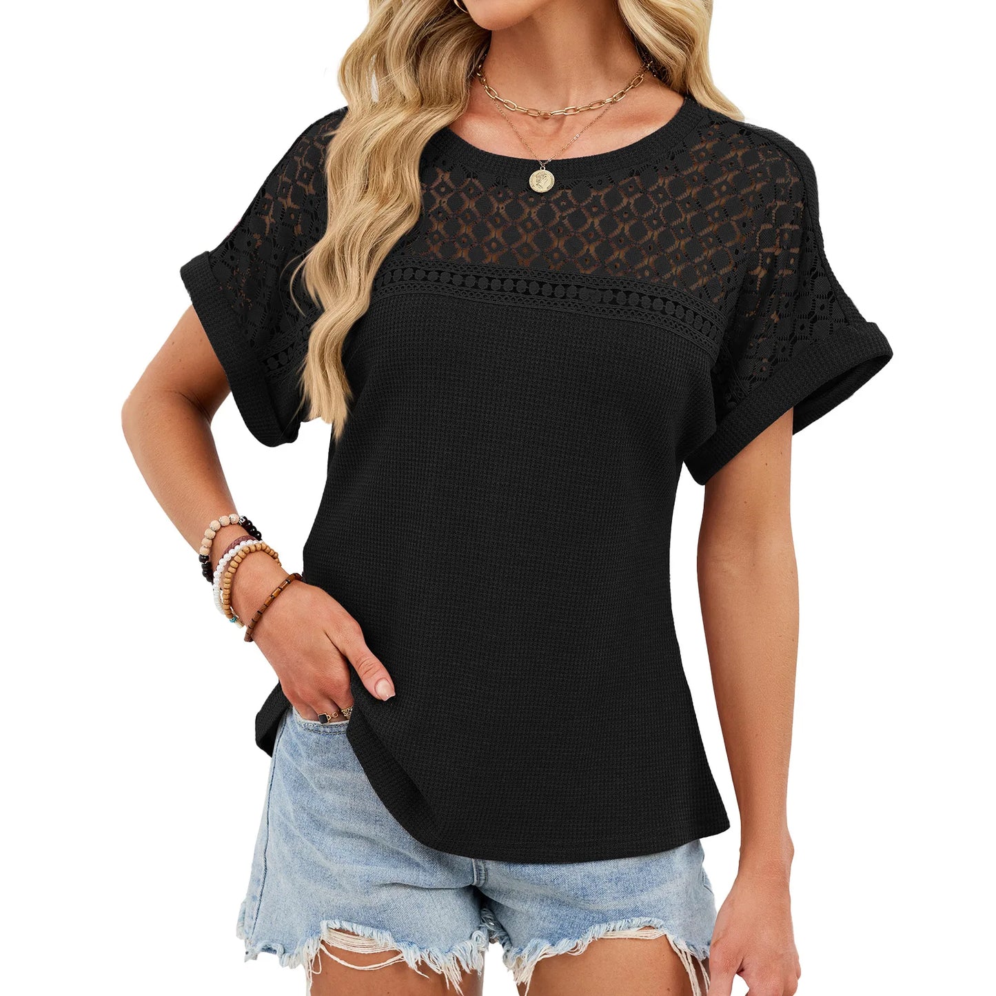 2026 Summer Elegant Lace Hollow Out Waffle Knit T Shirt Crew Neck Short Sleeve Summer Smart Casual Tops Office Lady
