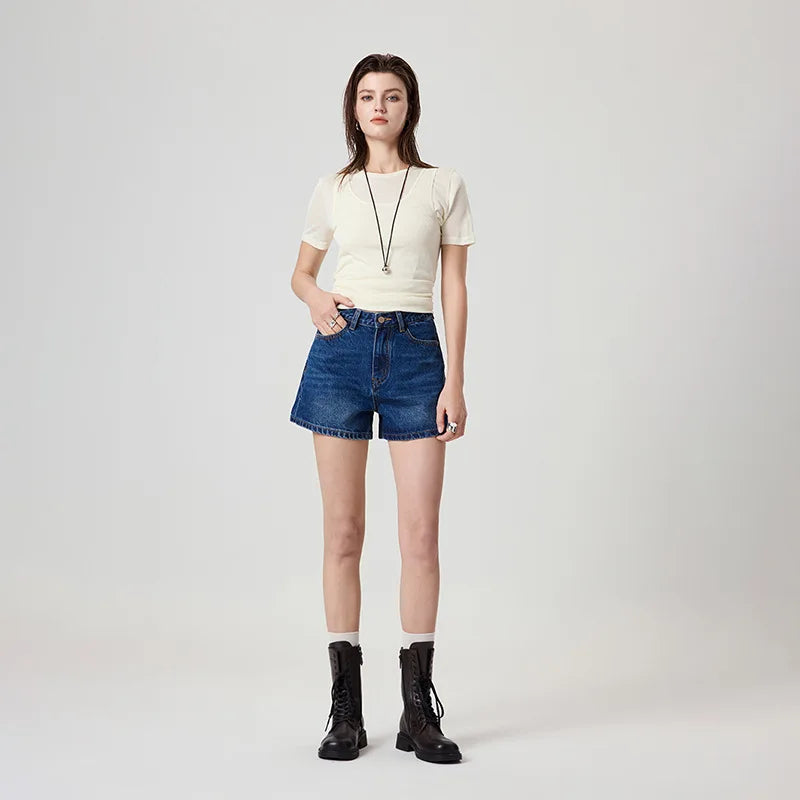 Blue A-Line Loose Fit Thin Denim Shorts Women's Summer Style High Waist Short Pants Casual Celebrity Fashion Jeans Cotton