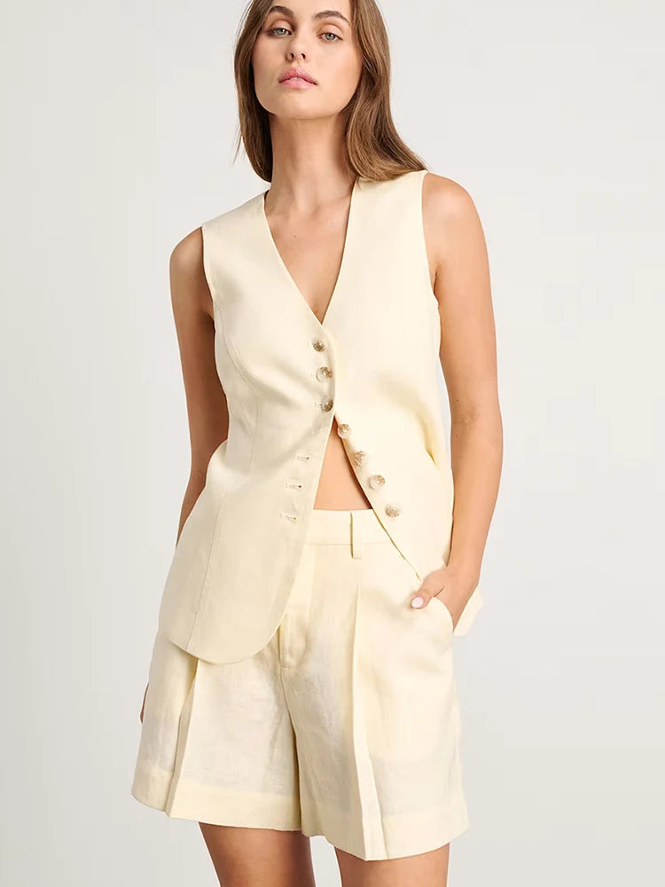 Mumaroho 2025 Women Spring Summer Vacation Linen Shorts Sets Solid V-neck Outfits Suit Two Piece Set For Women