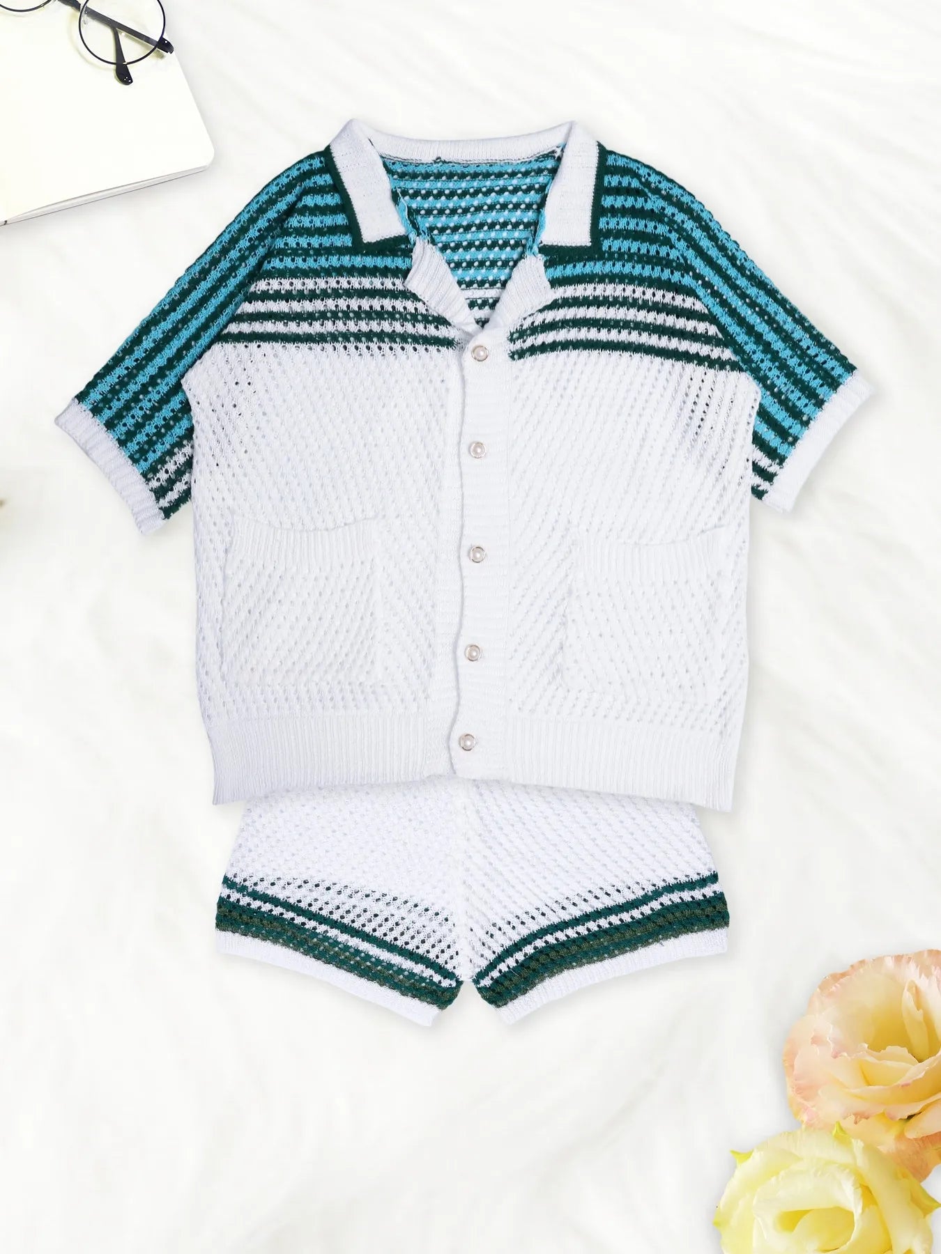White Green Striped Hollow Knit Two-Piece Set Button-Down Shirt & Shorts Outfit