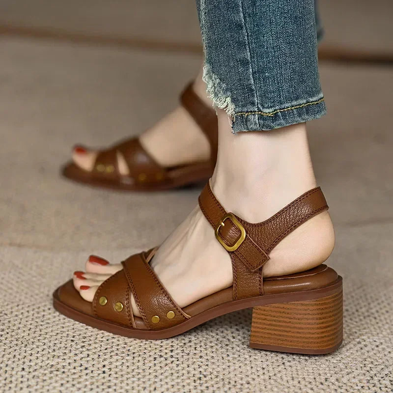 Women's Summer Mid-heel Open-toe Sandals with Empty Back Cross Straps Elegant Woman Heeled Shoes 2024 Trend High Heels