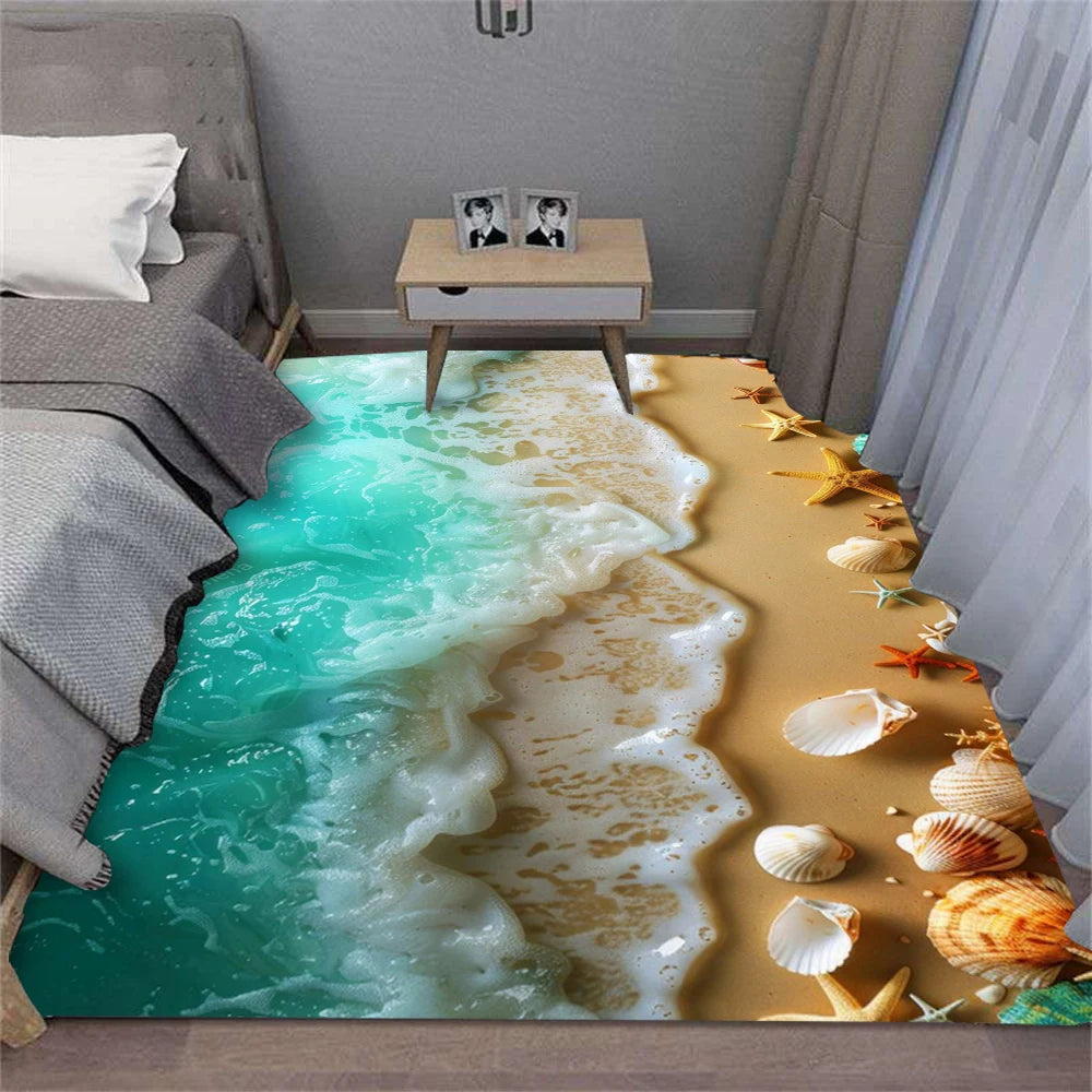 Summer Charm Waves Beach Shell Carpet for Living Room Sofa Decor Rugs Bedroom Rug Kitchen Coffee Table Floor Mat Hallway Rug