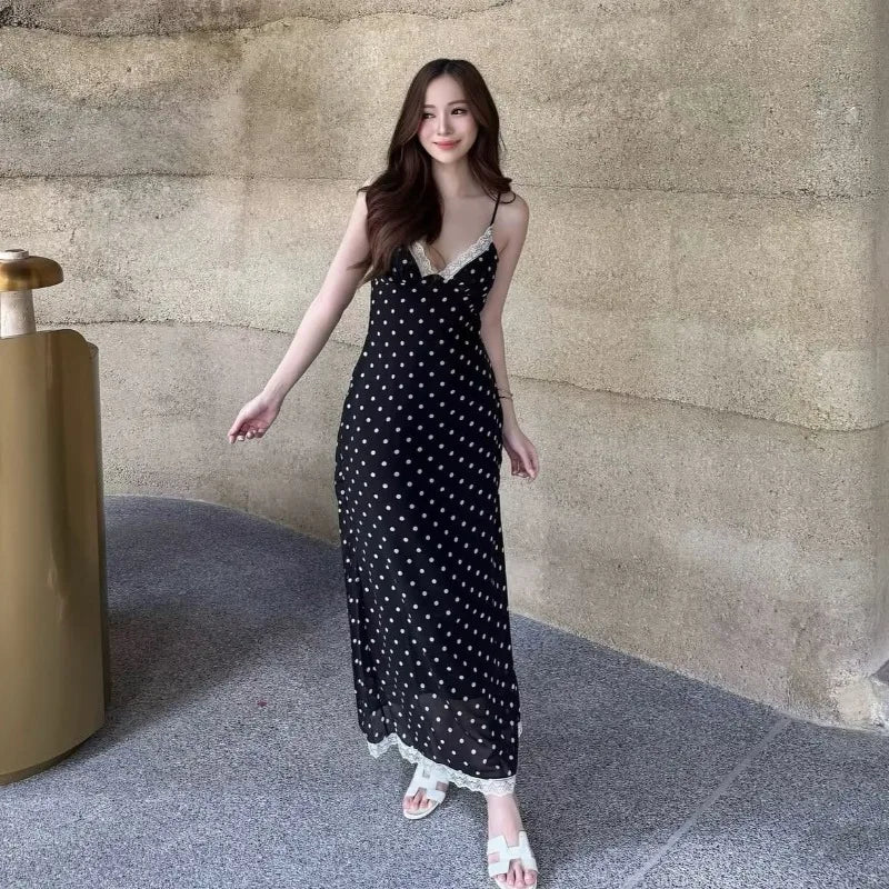 New Fashion Elegant Polka Dot V Neck Lace Patchwork Sleeveless Cami Backless Dress Summer Casual Commute Wear 2026