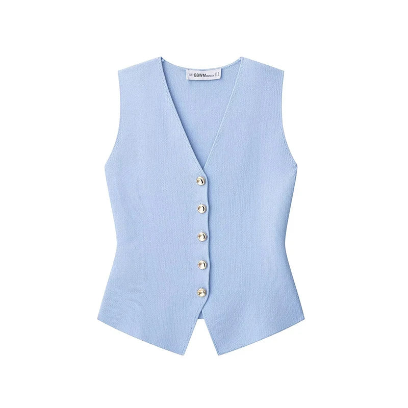 Willshela Women Fashion Solid Single Breasted Knitted Vest Tank Tops Vintage V-Neck Sleeveless Female Chic Lady Top