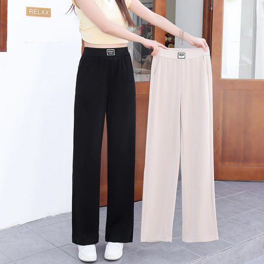 2026 New Women's Loose Straight Leg Pants in Apricot Color, Elastic Waist Modal Casual Pants, Black Wide Leg Pants