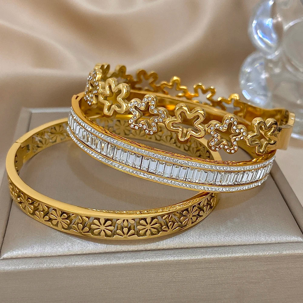 Retro Stainless Steel Hollow Flower Rhinestone Cuff Bangle Bracelet Women's Floral Waterproof Stackable Charms Jewelry Gifts