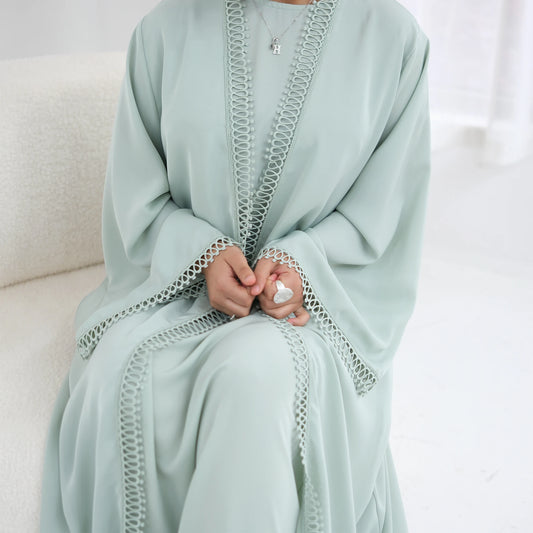 Women Abaya Set for Eid Party Events Resort Wear-Loop Lace Trim Kimono Robe&Sleeveless Dress