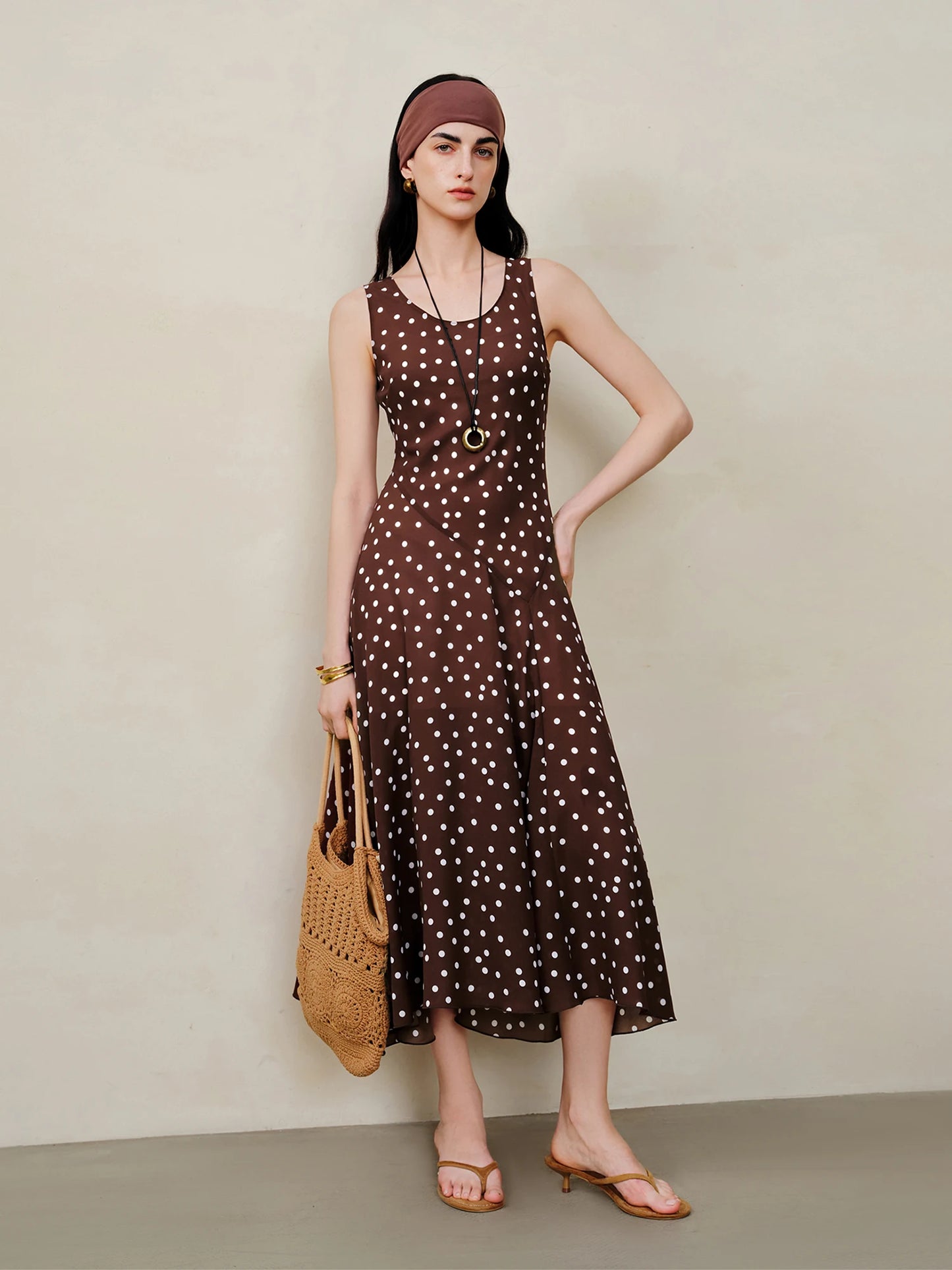 ZIQIAO Diagonal Cut Retro Polka Dot Chiffon Slip Dress for Women 2026 Summer New Style U-neck Vest Dress Vintage Commuting