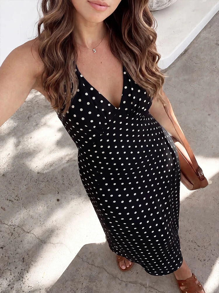 Summer New Women Polka Dot Hanging Neck Long Dresses Strapless Sexy Lace-up Sleeveless Backless Fashion Club Party Elegant Dress