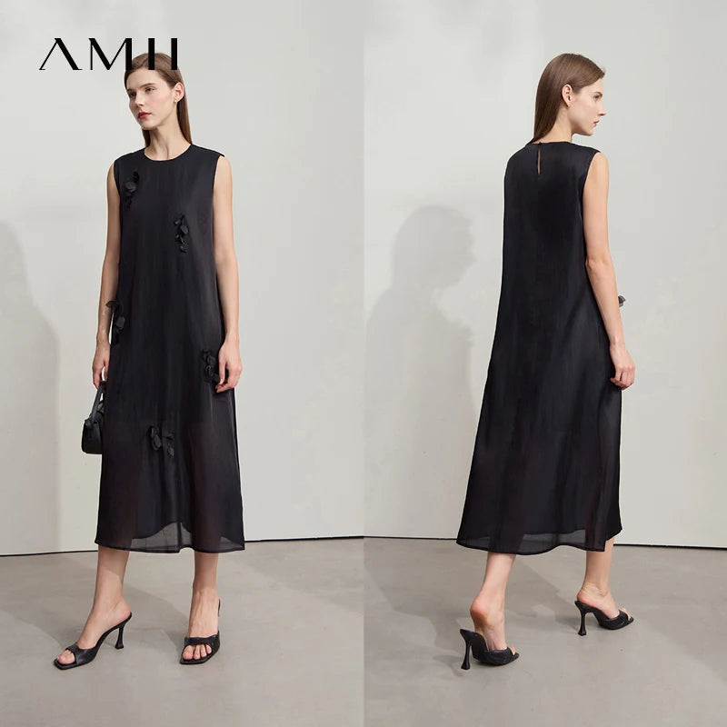 Amii Women's Dress Minimalist Solid Color Mulberry Silk Cotton Blend Sleeveless Three Dimensional Studded Flower Dress 12542104