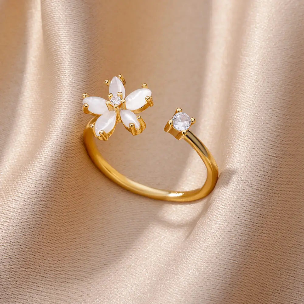 White Zircon Flower Leaf Shape Stainless Steel Rings For Women Adjustable Aesthetic Wedding Ring Light Luxury Female Jewelry BFF
