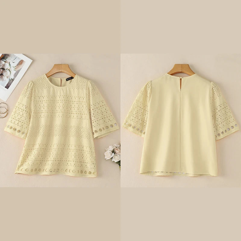 ZANZEA Summer Openwork Embroidered Woman Blouses O-Neck Half Sleeve Patchwork Pullover Tops Bohemian Casual Blusas de Mujer