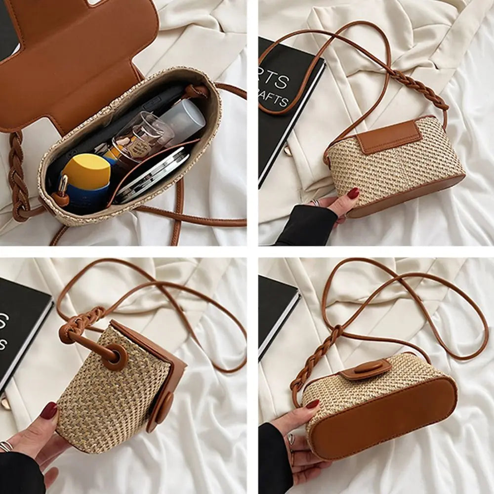 Cute Rattan Shoulder Bag Handmade Braid Bohemian Crossbody Bag Grass Woven Bag Vacation
