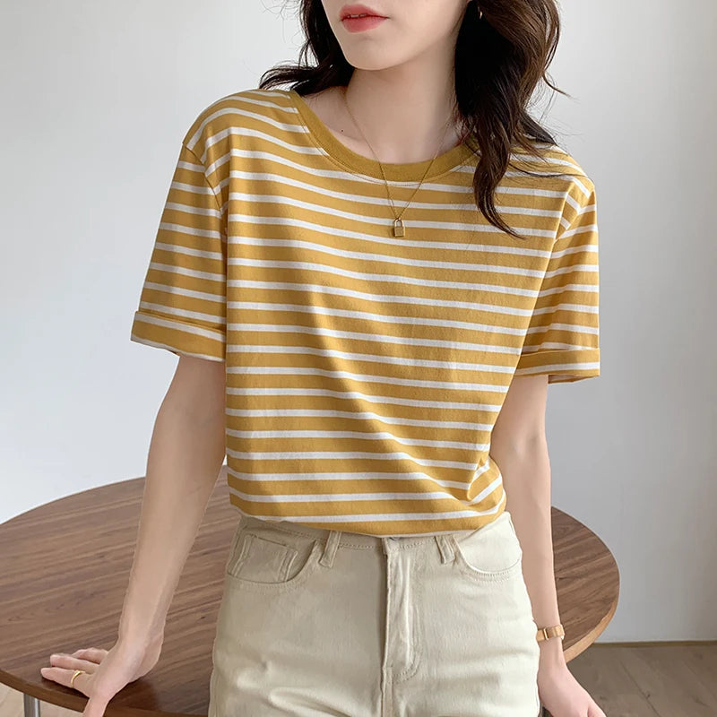 REALEFT Summer Classic Striped Women's T-shirts 2026 New Short Sleeve O-neck Korean Casual Loose Shirts Knitwear Tops Female