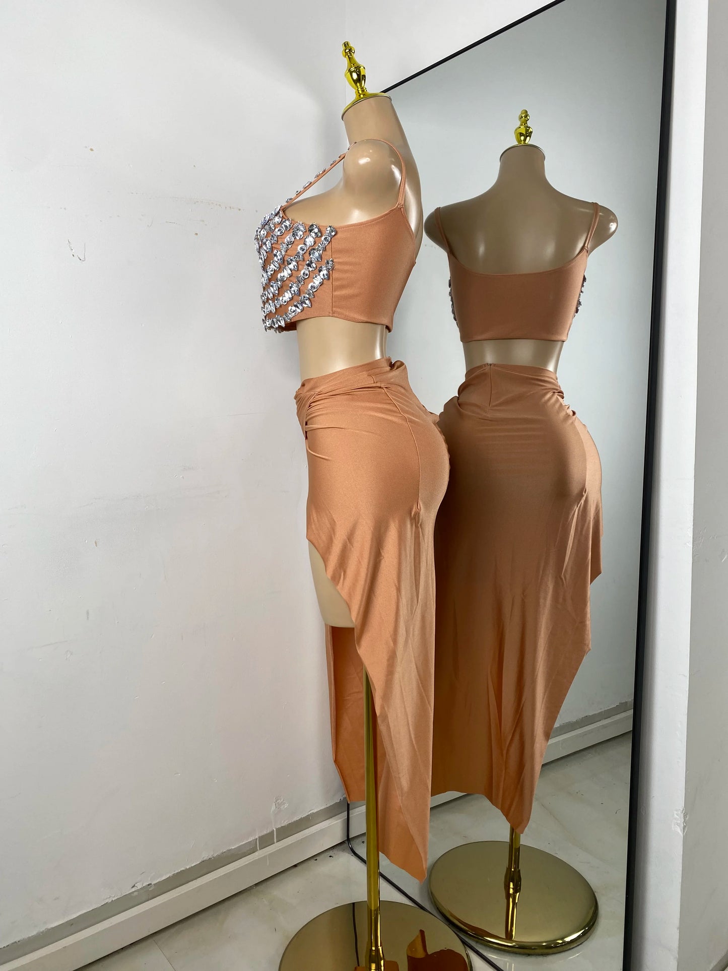 Women Sexy Sparkly Diamonds Crop Top Two Piece High Split Mesh Sheer Outfit Birthday Dress Nightclub Dancer Performance Costume