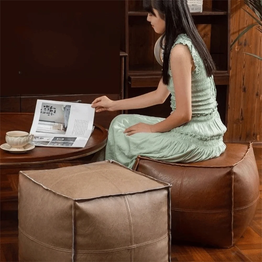 Nordic Style Non-Slip Storage Stool Large Capacity Waterproof PU Leather Ottoman Thicken Stackable Leather Pouf Living Room