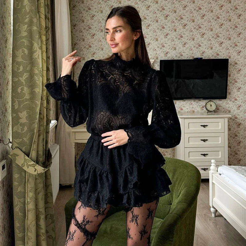 Typhaland 2026 New Lace Hollow Two Piece Skirt Suit Women's Turtleneck Lantern Sleeve T shirt Sexy Loose Shorts Skirt Casual Set