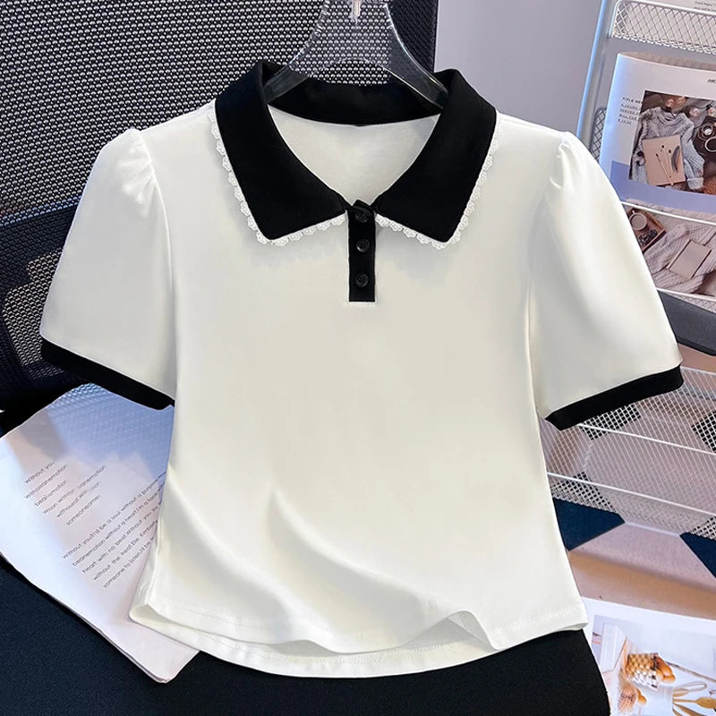 Women Peter Pan Collar Short Sleeve T Shirt Summer New Design False Two Piece Top Blouse