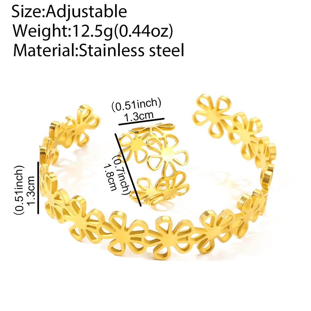 Stainless Steel Bracelet Rings Set Hollow Flowers Unusual Retro Bracelet Ring For Women
