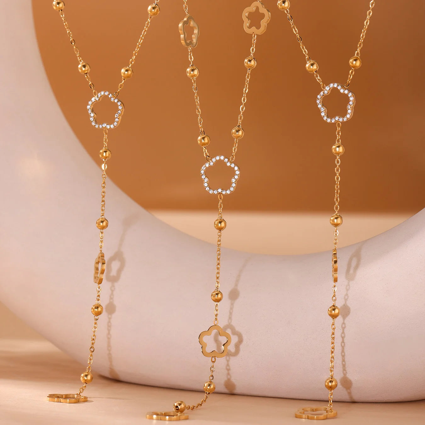 Nivora Flower Chain Stainless Steel Zircon Long Necklacs For Women PVD Gold Plated Metal Female Collar Party Wedding Jewelry