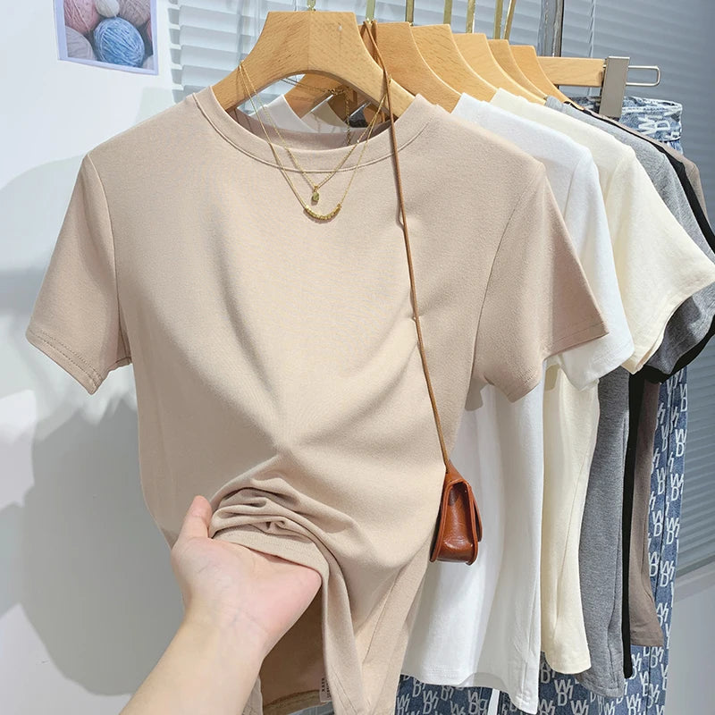 2026 New Women's 100% Cotton T-shirt Bottoming Basic Solid Lady Short Sleeve Tops Shirts Summer T Shirt