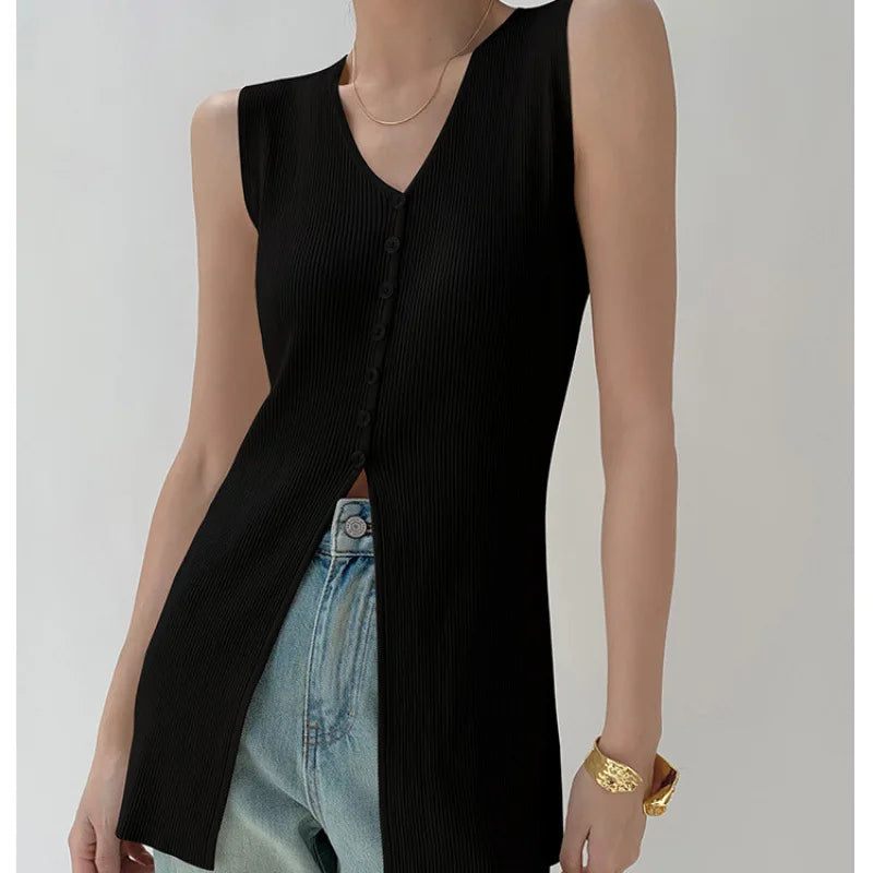 Elegant Women's Knitted Sleeveless V-Neck Cardigan Slimming Mid-Length Summer New Arrival White Pure Color Fashion Commute