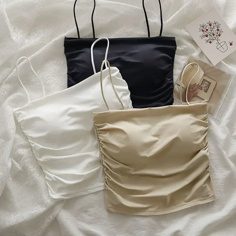 Sexy Crop Tops Women Summer Shirring Sleeveless Slim Camis Tops Bodycon with Chest Pad Fashion Casual Tops Female