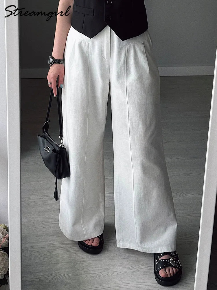 White Wide Leg Cotton Linen Pants For Women Summer Ladies Pant Cotton Trousers Suit For Woman Elegant Straight Leg Office Pants
