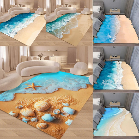 Summer Charm Waves Beach Shell Carpet for Living Room Sofa Decor Rugs Bedroom Rug Kitchen Coffee Table Floor Mat Hallway Rug