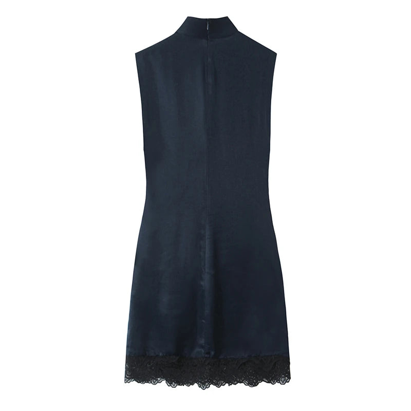 High-Street Chic Women's Lace Patchwork Silk-Satin Feel Mini Dress – 2025 Autumn/Winter New Collection