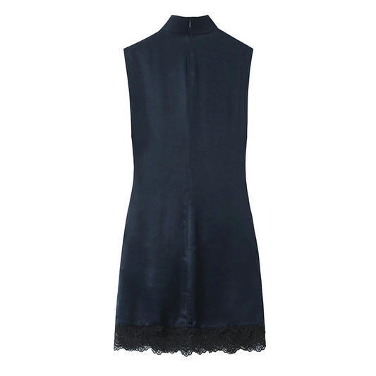 High-Street Chic Women's Lace Patchwork Silk-Satin Feel Mini Dress – 2025 Autumn/Winter New Collection