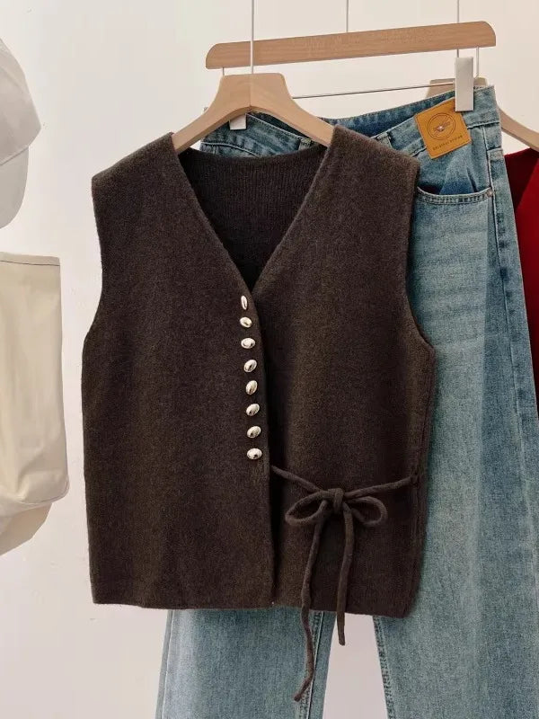 Elegant Pumpkin Orange Knitted Vest Women's Early Spring New Style plus Size Waist-Cinching Layering Vest V-neck Design