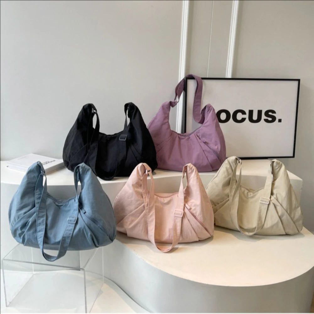 Korean Style Nylon Shoulder Bag Tote Bag Large Capacity Casual Dumpling Bag Solid Color Fold Oxford Cloth Girls Сумка Женская