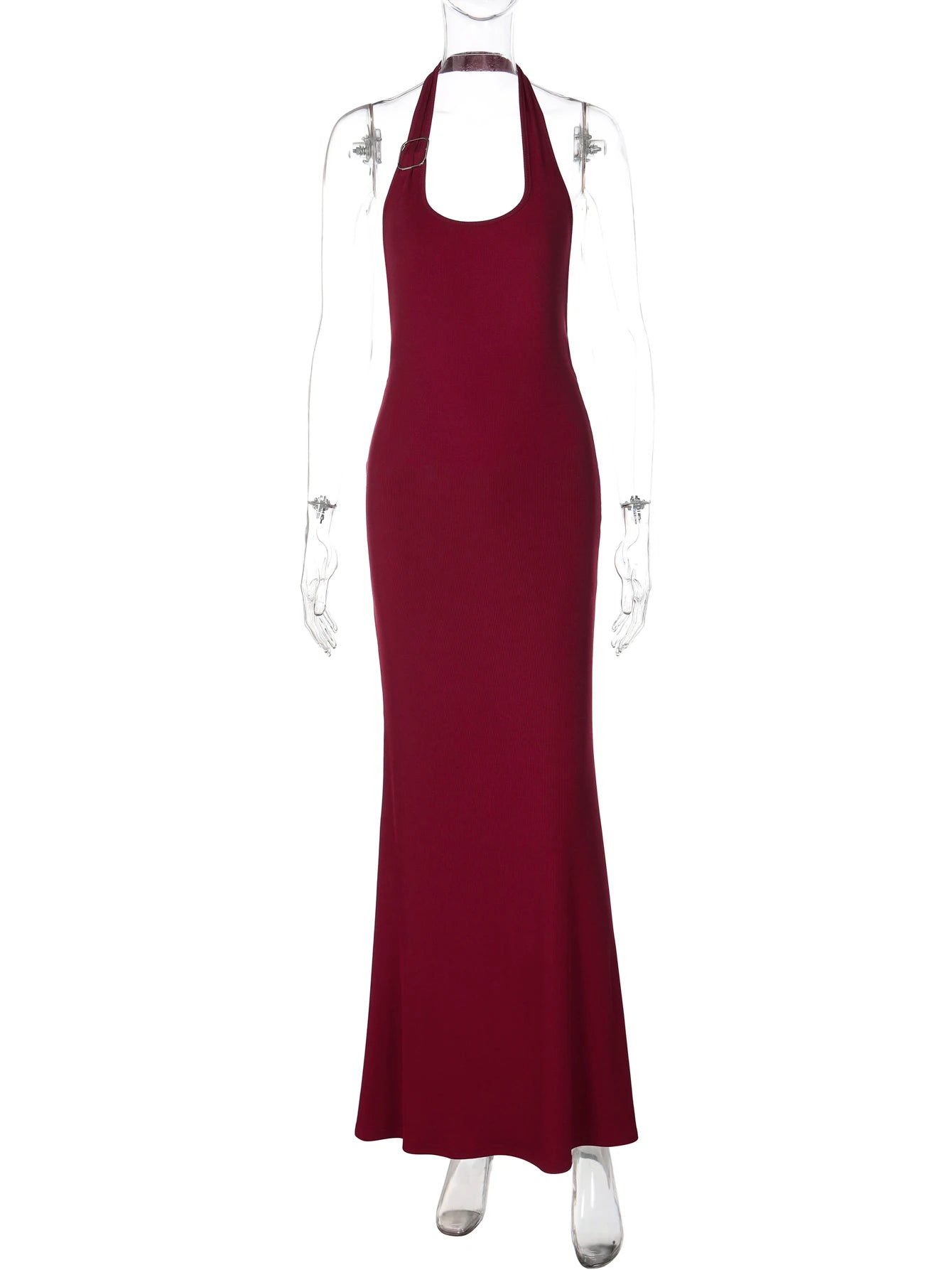 Dulzura Halter Sleeveless Backless Metal Decoration Slim Long Dress Women'S Solid Sexy Elegant Clothes Party Club Summer Outfit
