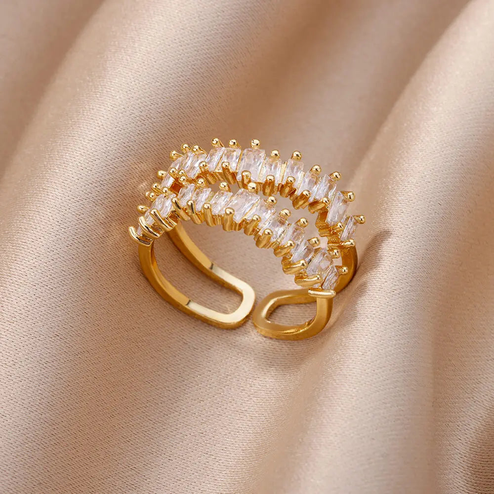 White Zircon Flower Leaf Shape Stainless Steel Rings For Women Adjustable Aesthetic Wedding Ring Light Luxury Female Jewelry BFF