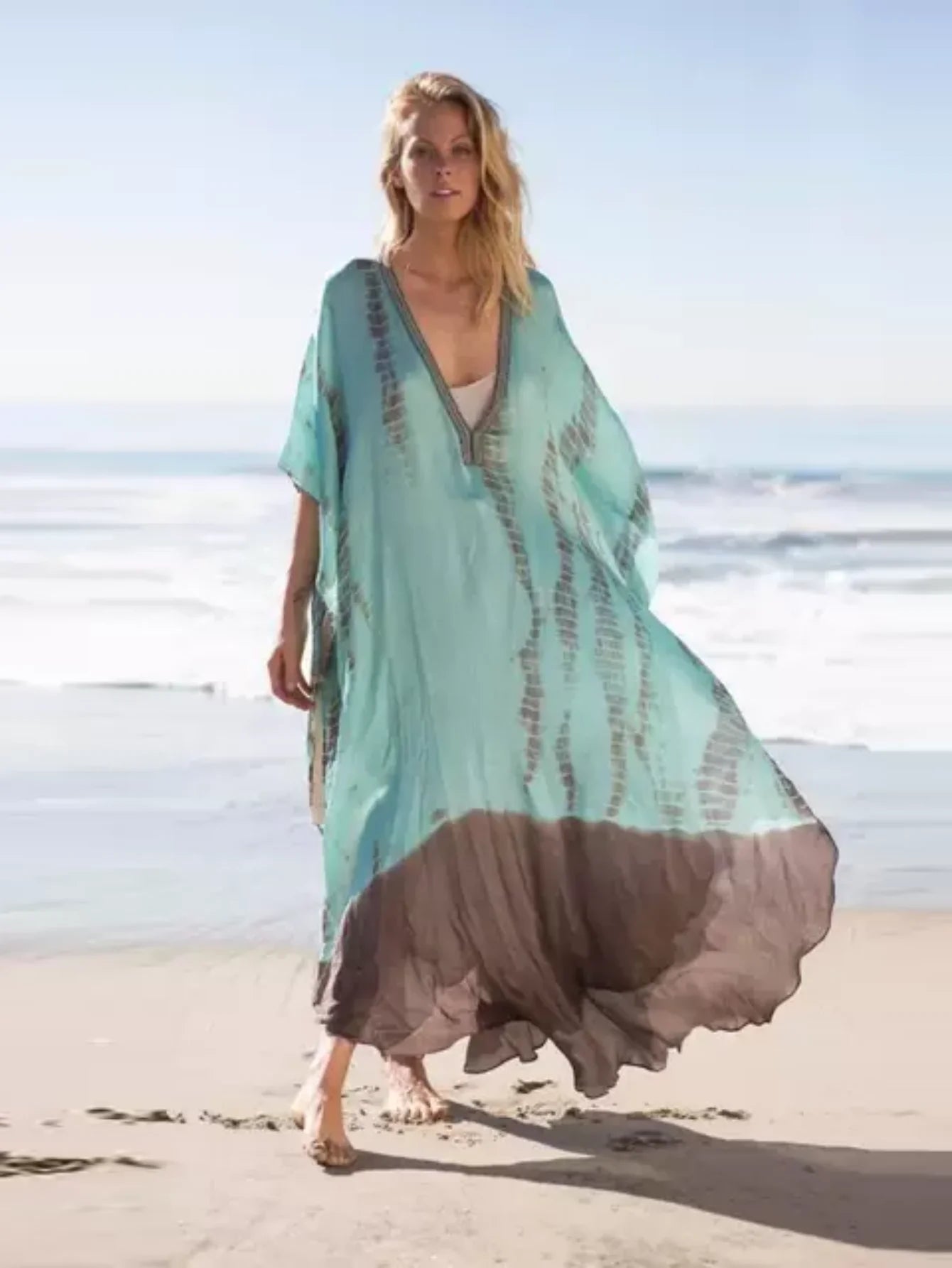 MAKABO Kaftan Dresses for Women, V Neck Moo Moos Colorful Print Cover Ups Caftan Beach Dresses for Swimwear