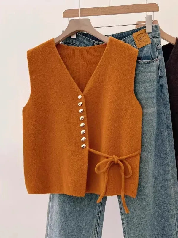 Elegant Pumpkin Orange Knitted Vest Women's Early Spring New Style plus Size Waist-Cinching Layering Vest V-neck Design