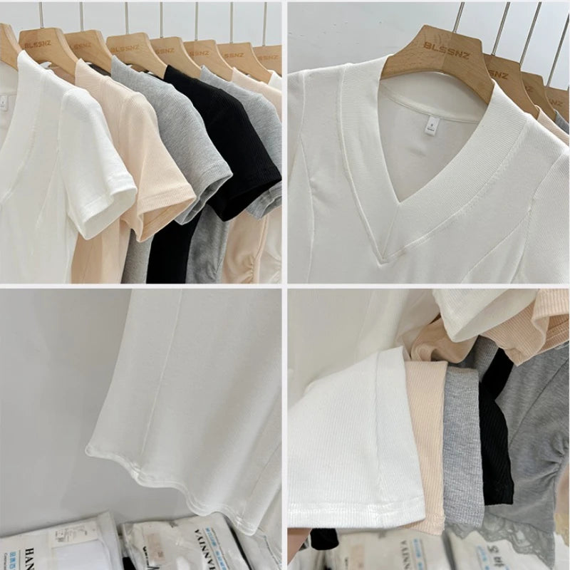 2026 Summer New V-neck Ribbed Knitted Slim Women's T-Shirt Basic Elasticity White Short Sleeve Tee Shirt Korean Style Casual Top