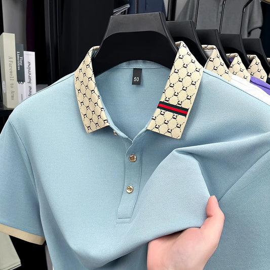2025 Men's New Luxury High-end Jacquard Collar Lapel T-shirt Breathable Business Casual Top Suitable for Men's Spring and Summer