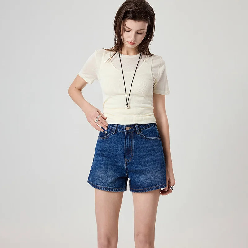 Blue A-Line Loose Fit Thin Denim Shorts Women's Summer Style High Waist Short Pants Casual Celebrity Fashion Jeans Cotton