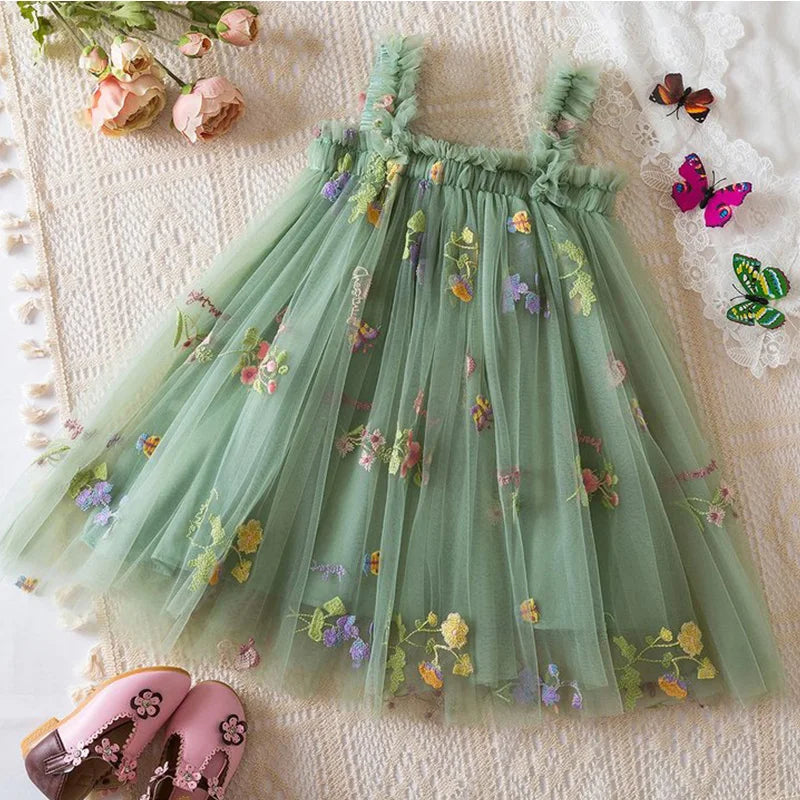 Summer New Sweet Girls' Little Sling Dress Children's Bow Floral Embroidery